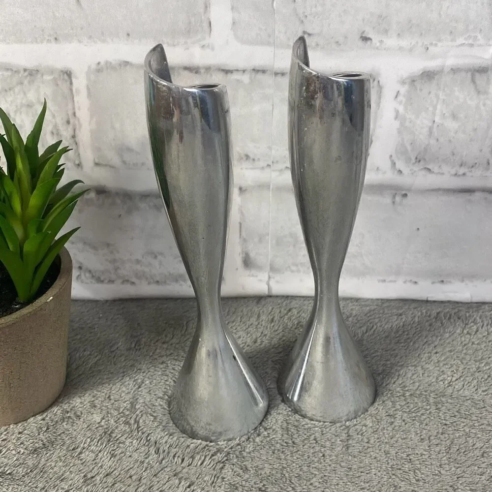 Vintage 2000 Nambe Pewter Smith Celentano Spiral Candlesticks 6301 7in